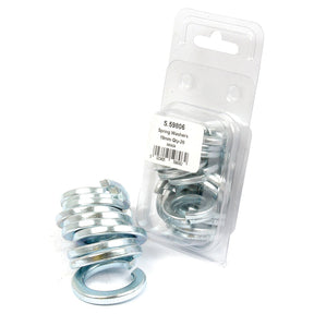 A pack of Sparex Metric Spring Washers with several zinc plated washers visible outside the packaging. The label shows "S.59809 Metric Spring Washers 24mm Qty-10 DIN 127A" along with a barcode.
