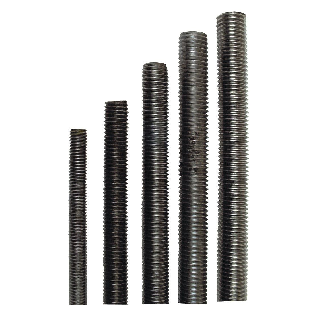 Five Sparex Metric Threaded Bars, each with a 20mm diameter and a length of 1 meter, are displayed in a row from left to right, in ascending order of height (despite each having the same length) and tensile strength rating of 4.6.