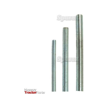 Three Sparex Metric Threaded Bars, each with a diameter of 27mm and a length of 1 meter, displayed vertically against a white background, with "Massey Tractor Parts" in the bottom left corner. These PlatedProduct rods meet high standards for durability and precision fitting for your equipment needs. (Sparex Part No.S.51999)