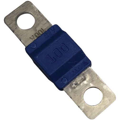 A blue 40x10mm Sparex Midi Fuse labeled "100 Amps" (Sparex Part No. S.143249) with two mounting holes on each end.