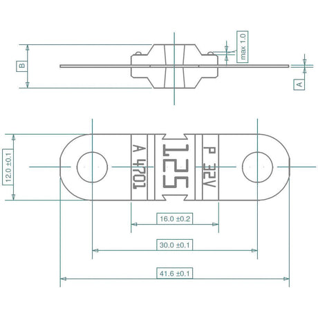 Technical drawing of the Sparex Midi Fuse 30 Amps (Orange) with labeled dimensions, including a length of 40mm, a width of 10mm, and height measurements. The orange section features mounting holes with detailed measurements provided in millimeters.