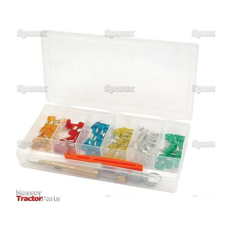 The Sparex Mini Blade Fuse and Tool Kit Display Box 90 pcs. (S.29901) includes a durable plastic case containing various colored fuses, a fuse puller, and an orange-handled tool with a metal tip. The case features six compartments, each designated for storing different colored fuses, making it perfect for organizing and storing essential automotive fuses.