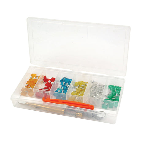 The Sparex Mini Blade Fuse and Tool Kit Display Box (90 pcs. - S.29901) contains a clear plastic case with various colored fuses, a fuse puller, and a metal utility knife; ideal for electrical repairs.