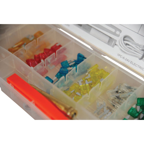 The Sparex Mini Blade Fuse and Tool Kit Display Box 90 pcs. - S.29901 contains an assortment of small electrical connectors in various colors along with essential tools, including a screwdriver and an orange-handled tool. Perfect for both professionals and DIY enthusiasts, this kit ensures quick access to crucial components.