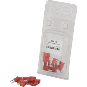 A package containing Sparex Mini Blade Fuses Agripak 10 Amps is displayed. Several fuses are placed outside the package. The label on the packaging reads: "S.26213 Mini Blade Fuse - 10 Amp - Bulk 10 Pk.