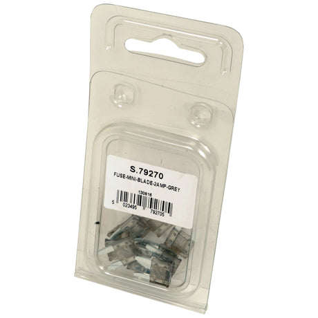 A plastic packaging containing multiple mini-blade fuses, labeled "Mini Blade Fuses Agripak 2.0 Amps 10 pcs. Agripak | Sparex Part No.S.79270," from the reliable Sparex line.