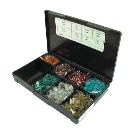 The Sparex Assorted Mini Blade Fuses and Holders (Handipak 177 pcs.) open plastic container features 8 compartments, each holding assorted colored automotive fuses, with labels on the lid indicating amperage ratings for easy identification.