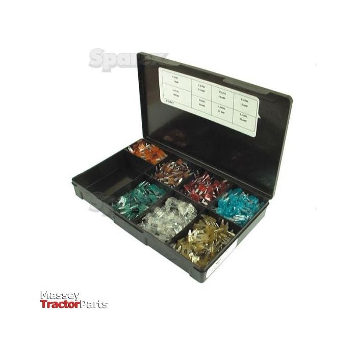 The Sparex Assorted Mini Blade Fuses and Holders (Handipak 177 pcs.), Part No. S.56747, come in a plastic box with compartments containing assorted colored automotive fuses. The box cover features labels indicating different fuse ratings, and the Sparex logo is visible in the bottom left corner.