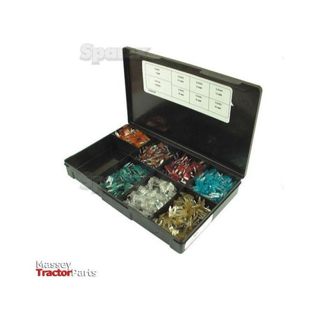 The Sparex Assorted Mini Blade Fuses and Holders (Handipak 177 pcs.), Part No. S.56747, come in a plastic box with compartments containing assorted colored automotive fuses. The box cover features labels indicating different fuse ratings, and the Sparex logo is visible in the bottom left corner.