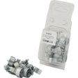 Image of a plastic package containing ten "Mini Hose Clip, Min Ø12mm, Max. Ø15mm" clamps branded with Sparex (Sparex Part No.S.22737). Two additional clamps are placed beside the packaging. A label with product details is visible on the package.