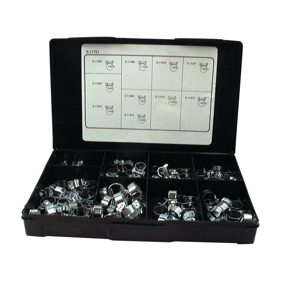 A Sparex Handipak black plastic organizer box, containing 100 mini hose clips that fit diameters from 6mm to 17mm. The lid features a chart showing the sizes and types of clamps included in the box, which is listed as Sparex Part No. S.11721.