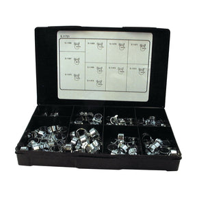 A Sparex Handipak black plastic organizer box, containing 100 mini hose clips that fit diameters from 6mm to 17mm. The lid features a chart showing the sizes and types of clamps included in the box, which is listed as Sparex Part No. S.11721.