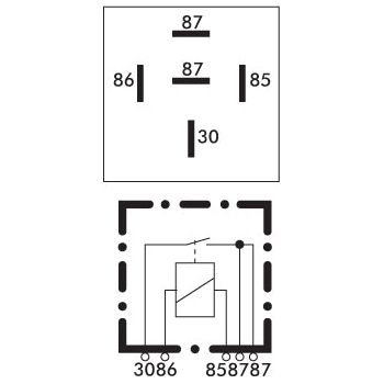 Diagram of a five-pin relay. The top illustration shows the pin layout with numbers 85, 86, 87, and 30 labeled. The bottom illustration depicts internal connections and the coil with part numbers labeled as either 3086 or 858787. This is an excellent Ford/New Holland replacement for systems needing a reliable Sparex Mini Relay, rated at 12V and 25A with five terminals (Sparex Part No.S.26430).