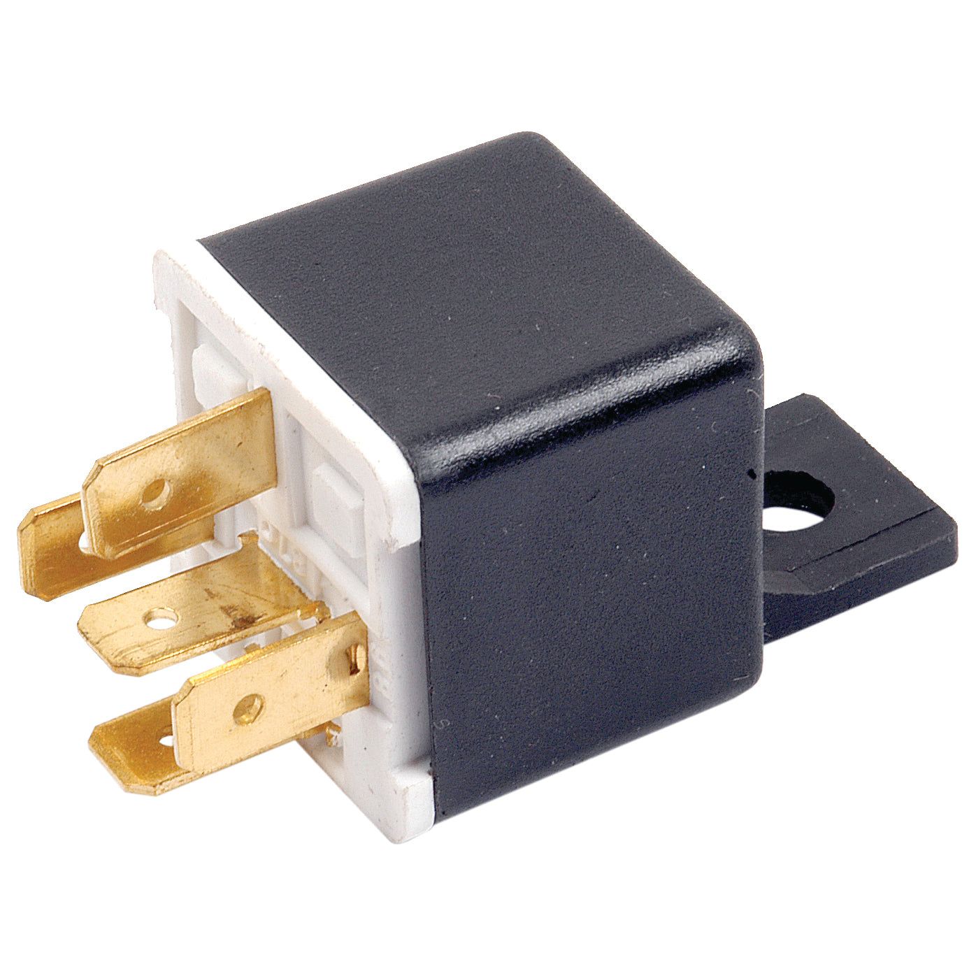 The Mini Relay 12V, 25A by Sparex, part number S.26430, is a small black and white relay switch featuring three gold-plated prongs and a mounting tab, designed as a replacement for Ford/New Holland equipment.