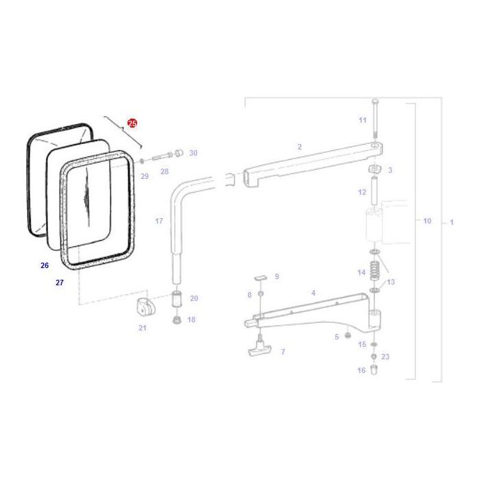 Here is a revised version of the sentence using the provided product data:

A technical drawing of a mechanical component, featuring parts numbered 1 to 30, with particular emphasis on parts 26 and 27 highlighted in blue. The assembly includes an AGCO Fendt - Mirror External (G737812151020), similar to those used in Fendt models, which is designed to be vibration-resistant.
