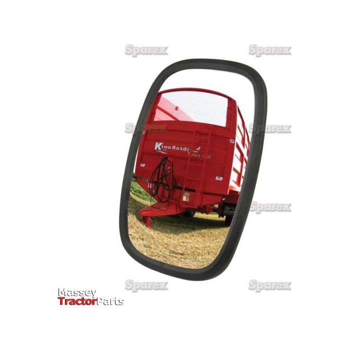 In the reflection of a Sparex Mirror Head - Rectangular, Convex, 198 x 130mm, RH & LH - S.6217, you can see a red agricultural machine with the text "Ktwo Roadeo.