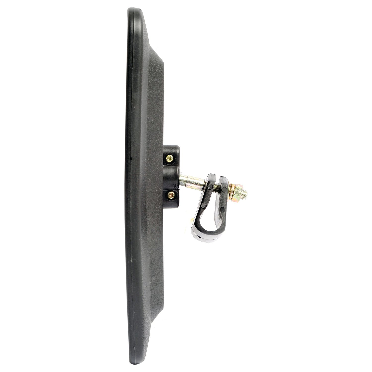 Side view of the Sparex Mirror Head - Rectangular, Convex, 250 x 170mm (S.51182), mounted on a bracket with a screw and nut for attachment. Suitable for various applications due to its robust design.