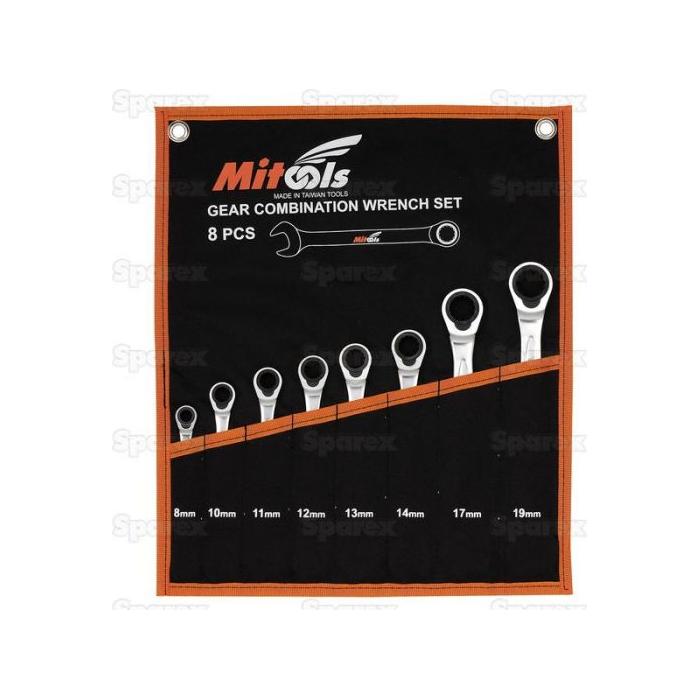 The Sparex (8 pcs.) Combination Gear Wrench Set | Sparex Part No.S.113813, featuring a silver satin finish, includes eight pieces ranging from 8mm to 19mm, all neatly arranged in a black and orange carrying case.