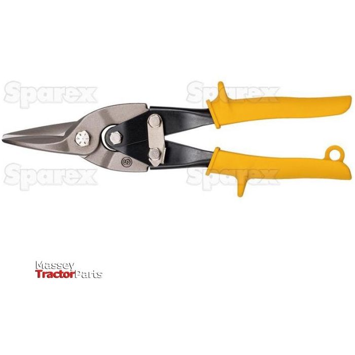 Yellow-handled Aviation (Straight) Tin Snips with metal cutting blades, labeled "Sparex" and "Sparex Part No.S.113847." Popular for precise work, these Sparex tin snips deliver reliable performance.