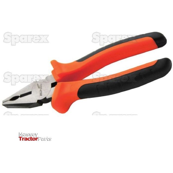 A pair of orange and black 200mm combination pliers, Sparex Part No. S.113852, with "Massey Tractor Parts" and "Sparex" logos in the background, highlighting their precision design by Sparex.
