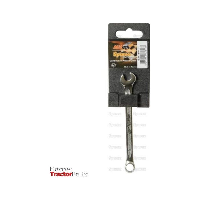 A combination wrench in its original packaging, labeled "Massey Tractor Parts" and "Spares," with a barcode on the top right corner. The black packaging features an orange and white label indicating a Sparex Combination Spanner 8mm (Part No. S.113816) made of durable chrome vanadium.