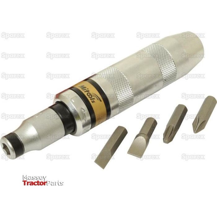 Displayed is a steel impact screwdriver set (6 pcs.) - S.23329, featuring four interchangeable bits and a 1/2'' drive size bit holder. Branded with "Massey Tractor Parts" and "Sparex" in the background, this versatile tool fits seamlessly into any toolbox.