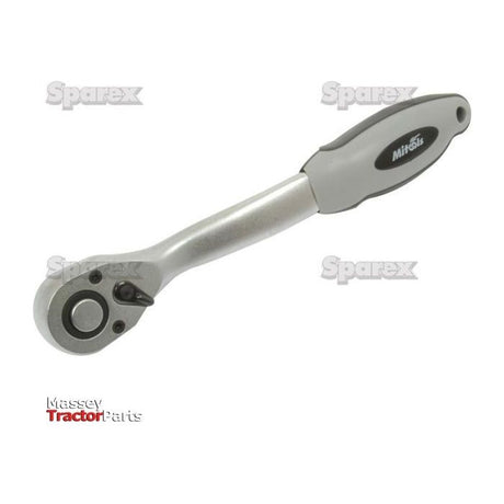 A silver and gray 1/4'' Quick Release Curved Ratchet Handle with a branded Sparex handle, displayed against a white background. Logos for Sparex and Massey Tractor Parts are present. This specific model is listed as Sparex Part No.S.23448.