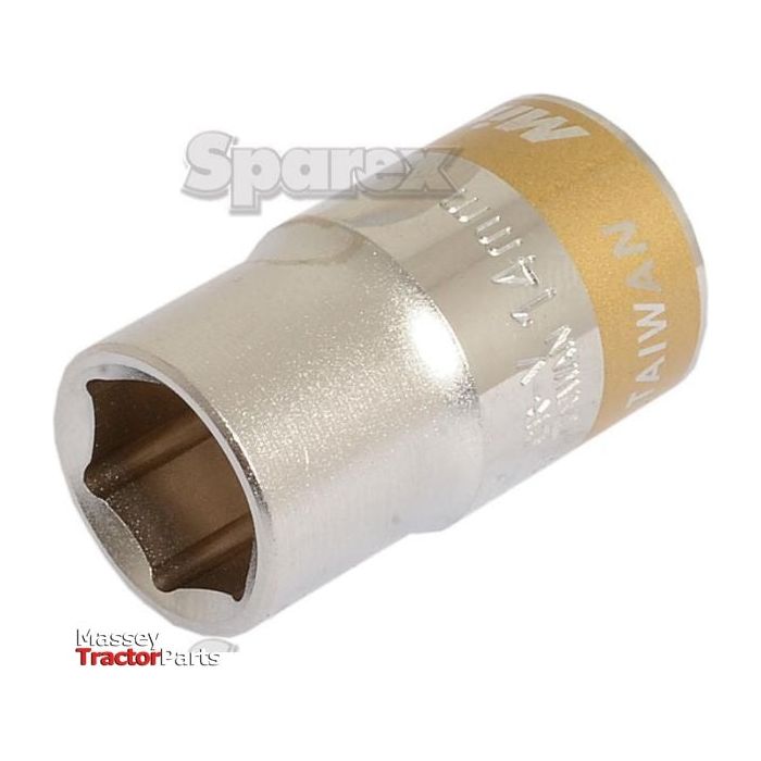 A metallic socket tool labeled "Made in Taiwan," "MN," and "S." This 14mm standard socket, featuring a 1/2'' drive, is identified as Sparex Part No. S.26833 from the brand Sparex. The backdrop includes subtle branding with "Sparex" and "Massey Tractor Parts" in the lower left corner.