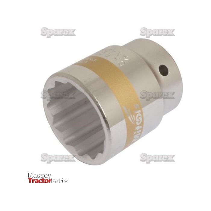 This Standard Socket 3/4'' Drive by Sparex (Part No. S.26851) is a silver, 38mm deep socket with a 12-point design and a distinctive yellow stripe near the base. It is ideal for heavy-duty fastening tasks and features a branding mark, marked with "Massey Tractor Parts" at the bottom.