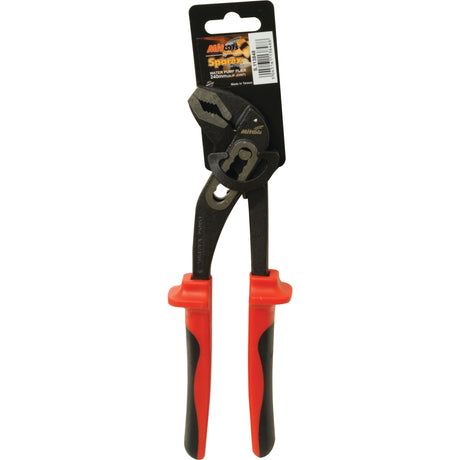 A pair of black water pump (slip joint) pliers with red and black handles, displayed in packaging labeled "Sparex S.113848".