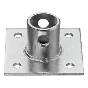 The Mounting Bracket (Sparex Part No.S.29317) by Sparex is a square metal base plate with a cylindrical tube in the center, featuring a large central hole and four smaller holes at each corner, compatible with the Side Wind Parking Jack 28300.