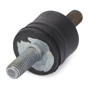 The Massey Ferguson - Mounting Damper - 658081M2 by AGCO is a round black rubber component with metal threaded rods extending from each end, specifically designed for vibration isolation in Massey Ferguson tractors.
