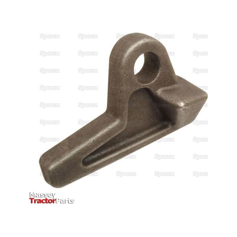 Close-up of a dark metal tractor part featuring a large loop and an angled, protruding piece with a Hole Ø25mm, against a white background with the "Massey Tractor Parts" logo in the bottom left. The product is identified as "Mounting Eye - Weld On, Hole Ø25mm | Sparex Part No.S.72549" from Sparex.