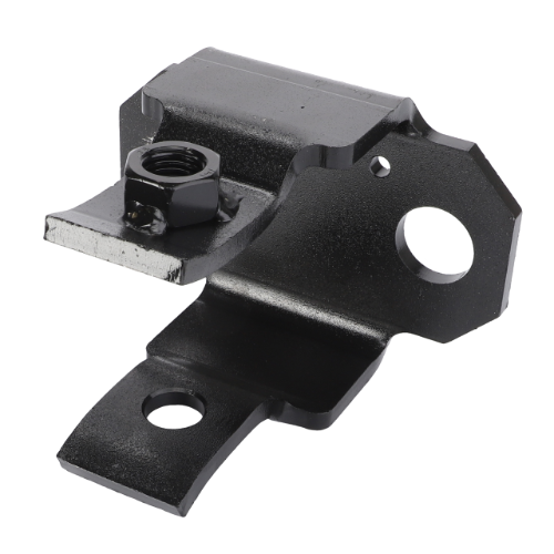 The AGCO Massey Ferguson - Mounting Support - 4288242M1 is a black metal bracket with an attached bolt and nut, featuring multiple holes for mounting or assembly, and is compatible with the Massey Ferguson 6400 Series.