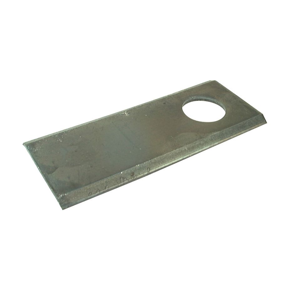 The Sparex Mower Blade - Flat blade (model S.77057) is a rectangular metal plate measuring 96x40x3mm, with a 19mm circular hole near one end, designed with sharp edges for enhanced functionality.