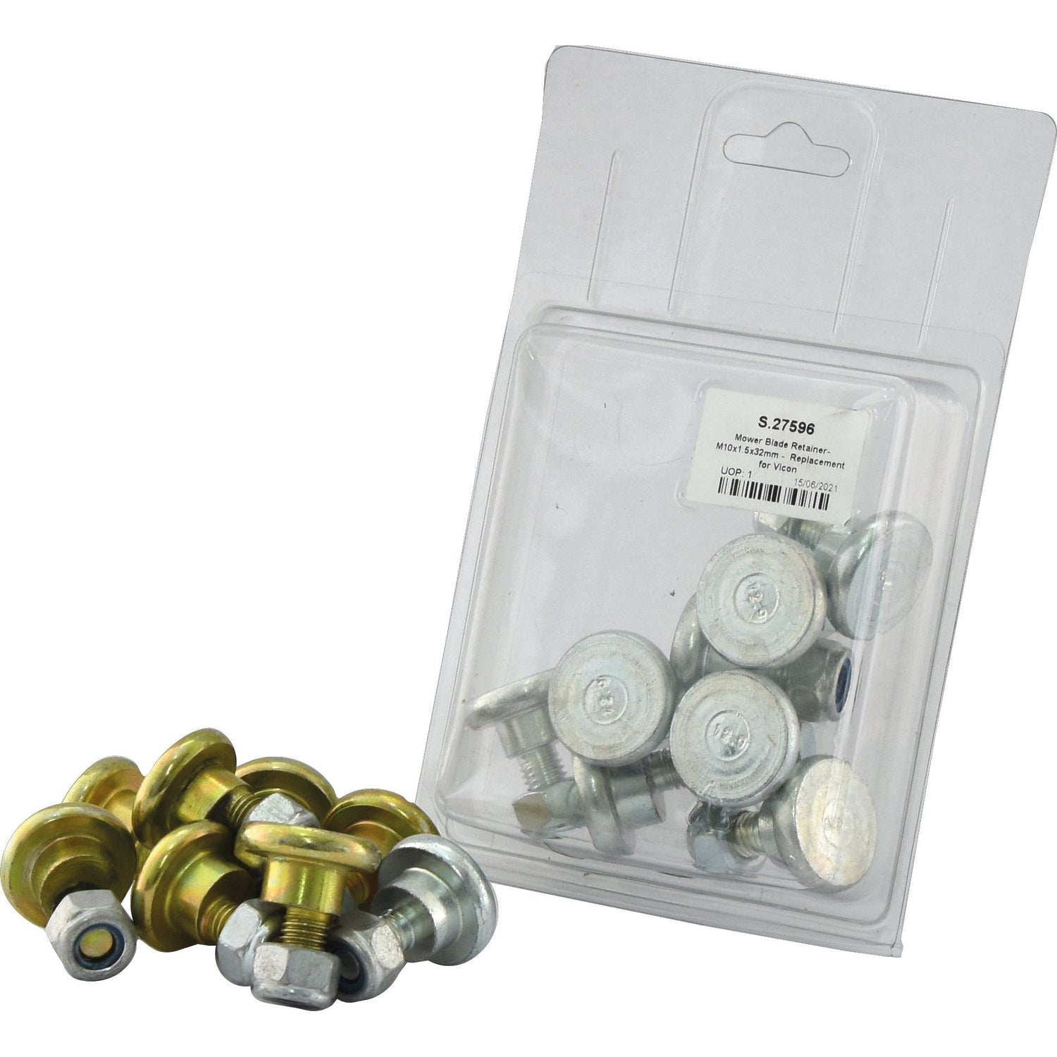 A Sparex package contains a variety of metal screws and washers, including M10 x 1.50x32mm mower blade retainers designed as replacements for Vicon (8 pcs. Agripak), identified as Sparex Part No.S.27596. Additionally, some of these screws and washers are displayed outside of the Agripak package.