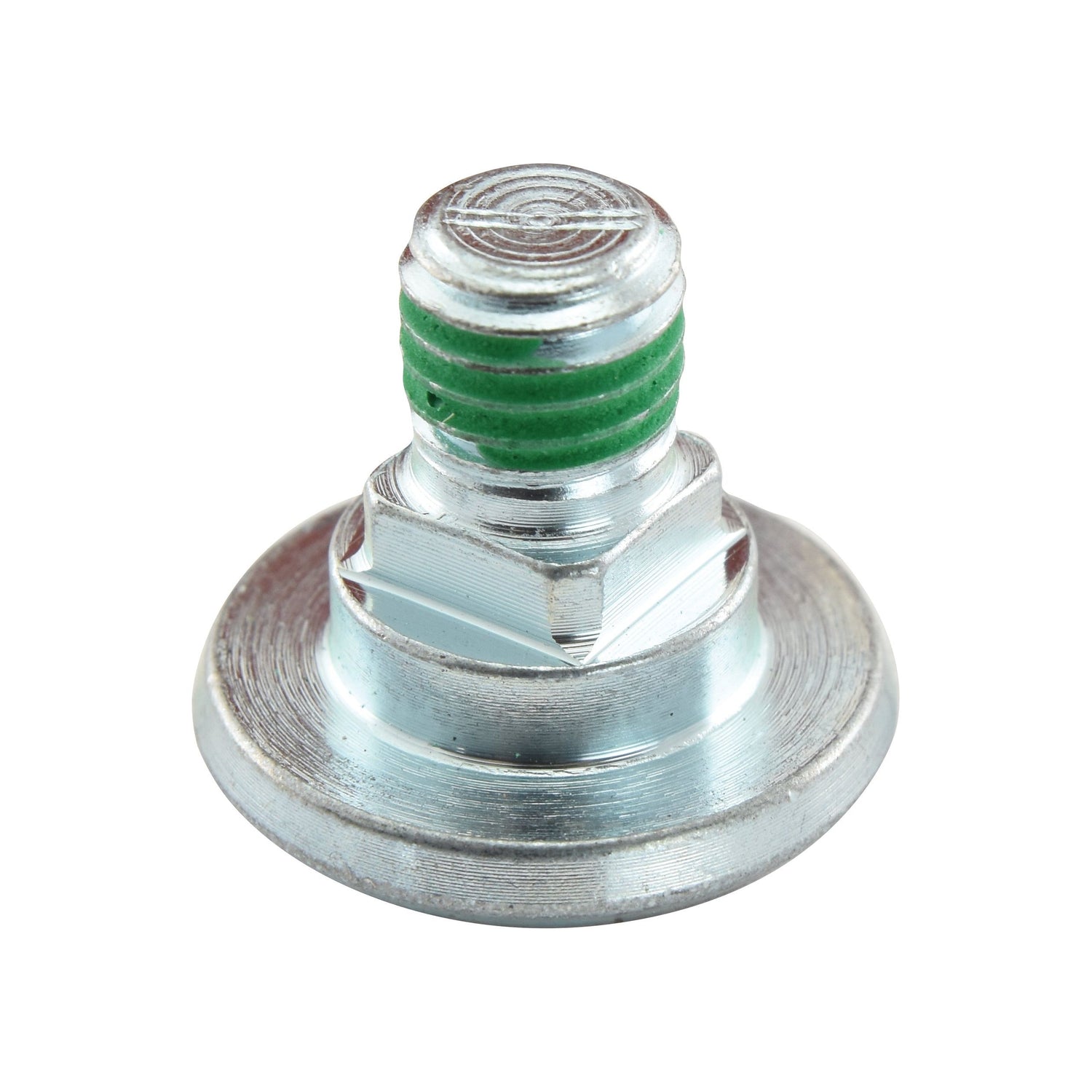 A close-up view of the Sparex Mower Blade Retainer, part number S.21611 and a replacement for Fella 426887, shows its M12 x 26mm metallic bolt with a hexagonal head and circular base, featuring a green stripe around the threaded part and precise thread length.
