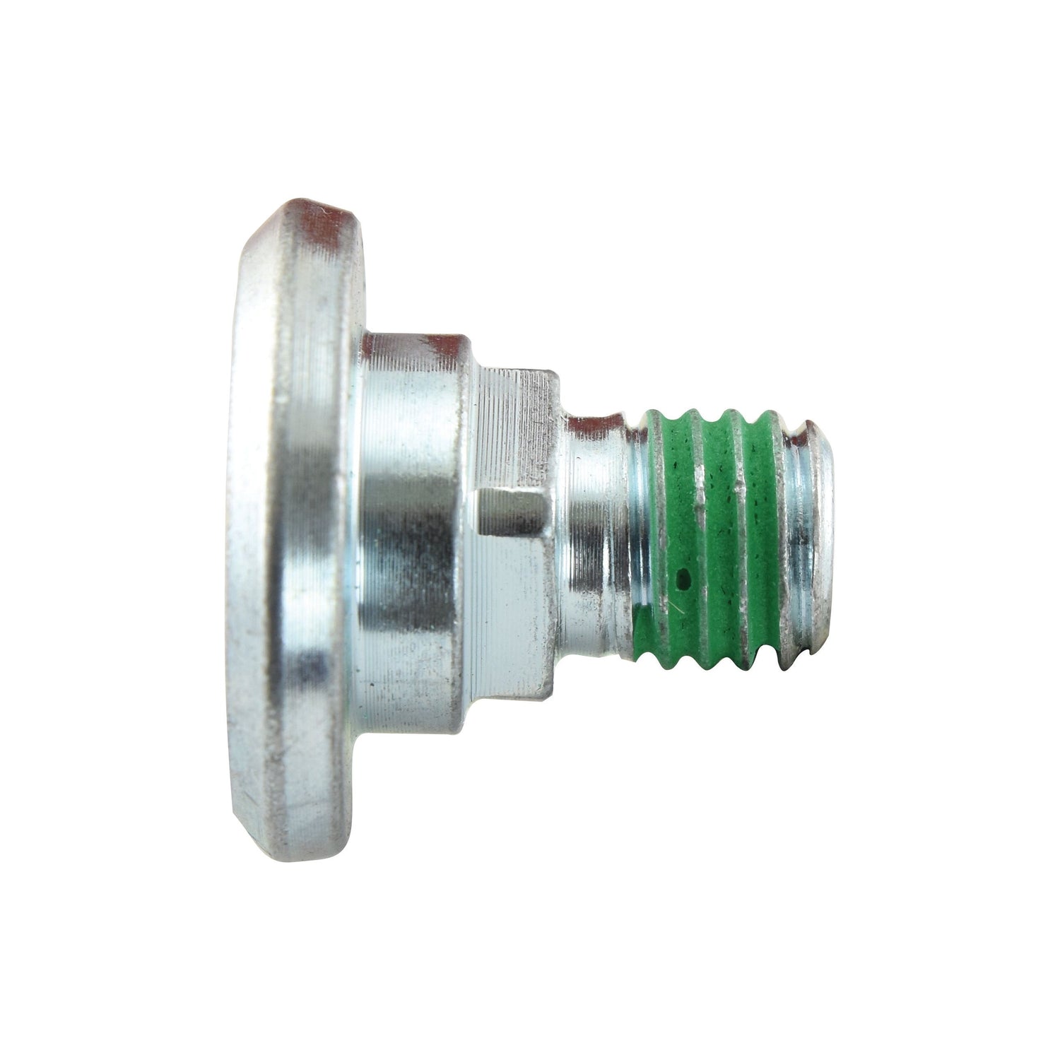 A close-up of a Sparex Mower Blade Retainer- M12 x 26mm, replacement for Fella part number 426887 (Sparex Part No. S.21611), with a round head and a partially green-painted threaded section, showcasing its precise thread length.