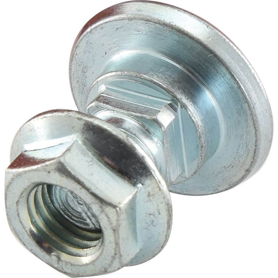 A close-up image showcasing a Sparex Mower Blade Retainer (M12 x 26mm) attached to a bolt, both boasting a shiny metallic finish. The bolt, echoing the quality reminiscent of Rasspe, features a circular flange.