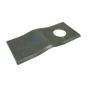 A Mower Blade - Stepped Blade from Sparex, measuring 106 x 47 x 3mm, with a Ø21mm hole near one end and a slight bend in the middle, designed to fit Massey Ferguson machinery among other brands such as PZ, Claas, Krone, Pottinger, Marangon, Kverneland, Taarup, and Vicon (Sparex Part No. S.77052).