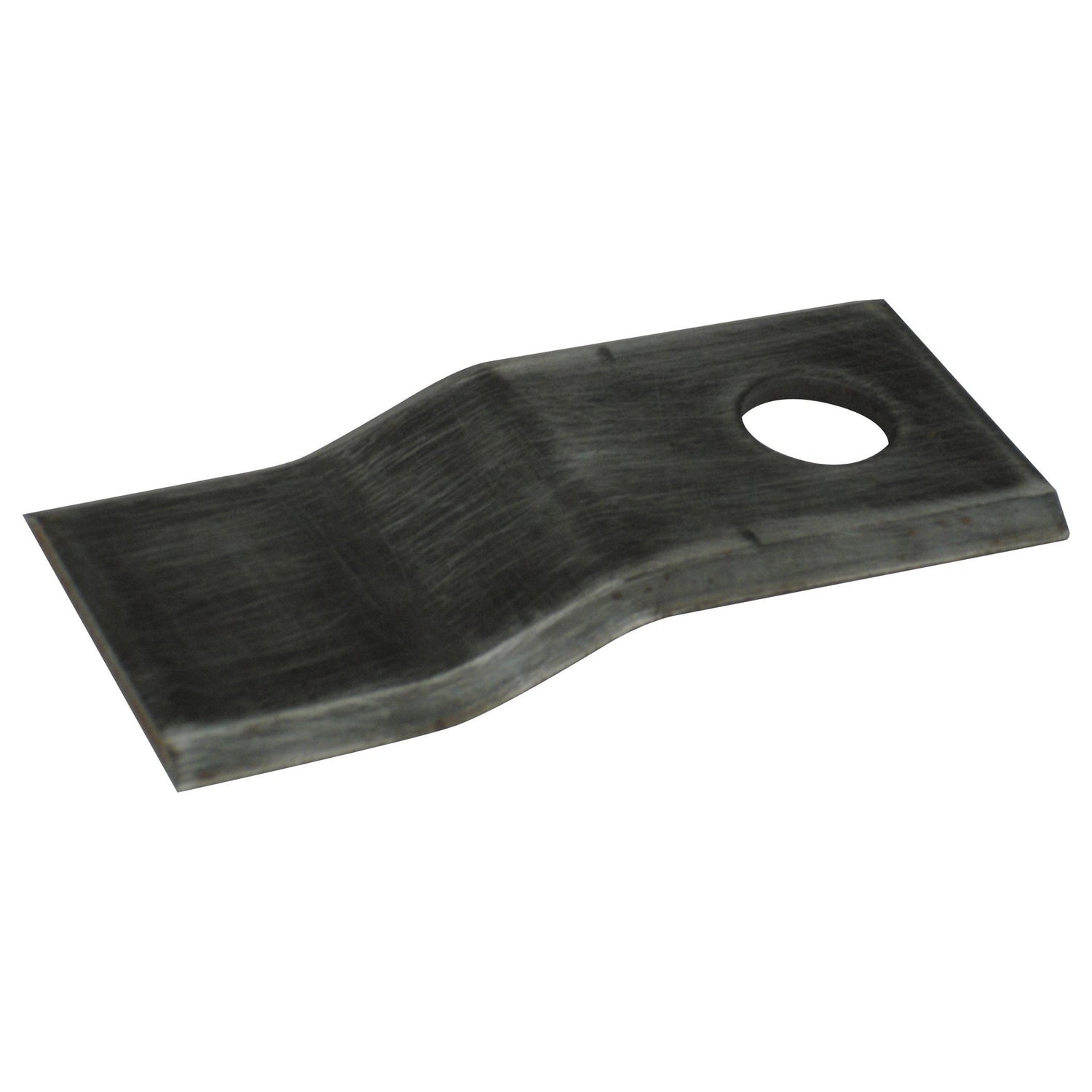 The Mower Blade - Stepped Blade - 107 x 50x4mm - Hole Ø17mm - RH & LH from Sparex, designed as a replacement for Maxam mower blades (Sparex Part No. S.59739), is a flat, rectangular metal plate with a curved bend in the middle and a single circular hole near one end.