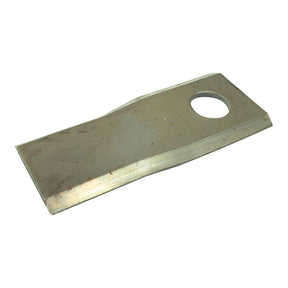 A metal wedge with a twisted blade, a sharp top edge, and an 18.25mm circular hole near one end—reminiscent of the Sparex Mower Blade S.77067 Replacement for Kuhn, Fort, John Deere, New Holland—placed on a plain white background.