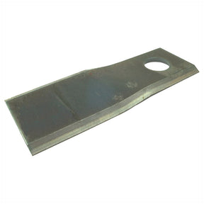A twisted mower blade with a sharp top edge, measuring 122 x 45 x 4 mm and featuring an Ø18.25mm circular hole near one end, reminiscent of the precision found in Sparex equipment designed to replace parts for Kuhn, Claas, New Holland, and John Deere models (Sparex Part No. S.77062).