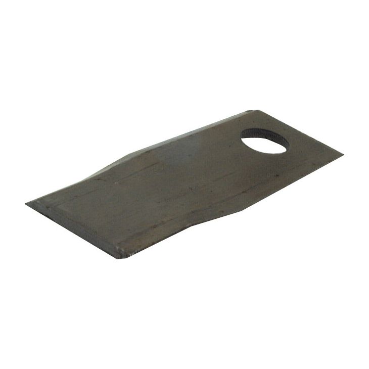Rectangular metal blade with a hole at one end and a slightly tapered edge. Resembling the quality of a Fella SM component, the Mower Blade - Twisted blade, top edge sharp & parallel - 106 x 49x4mm - Hole Ø19mm - LH, Replacement for Fella To fit as: 122329 (Sparex Part No. S.78405) has a flat and smooth surface consistent with Sparex brand's standards.