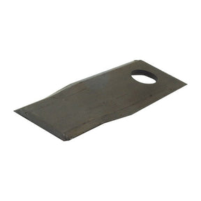 Rectangular metal blade with a hole at one end and a slightly tapered edge. Resembling the quality of a Fella SM component, the Mower Blade - Twisted blade, top edge sharp & parallel - 106 x 49x4mm - Hole Ø19mm - LH, Replacement for Fella To fit as: 122329 (Sparex Part No. S.78405) has a flat and smooth surface consistent with Sparex brand's standards.