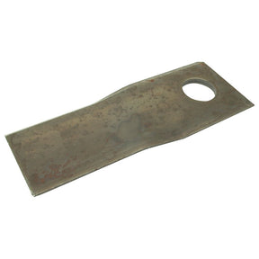 Rectangular metal plate with a narrow waist and a large circular hole near one end, designed as an alternative to the Sparex Mower Blade - Twisted blade, top edge sharp - 120x48x4mm (Sparex Part No.S.77075). The surface appears slightly rusted.