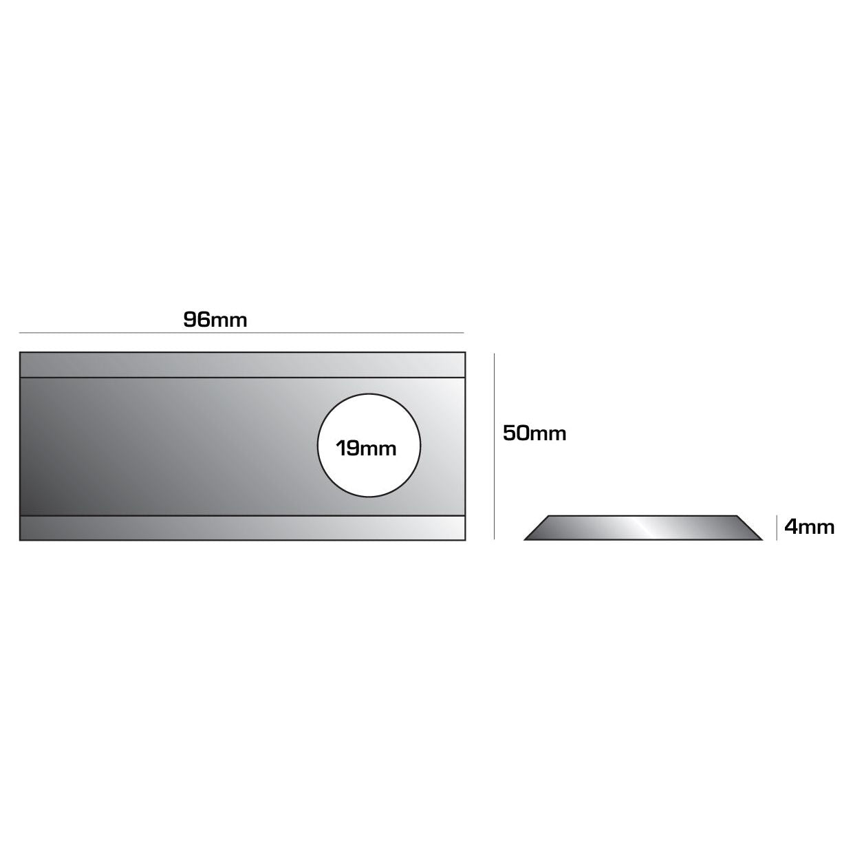 Diagram of a rectangular metal piece showing dimensions. The Mower Blade - Twisted blade, top edge sharp & parallel - from Sparex is 96mm long, 48mm wide, and 4mm thick, with a 19mm diameter circular cutout near one end.