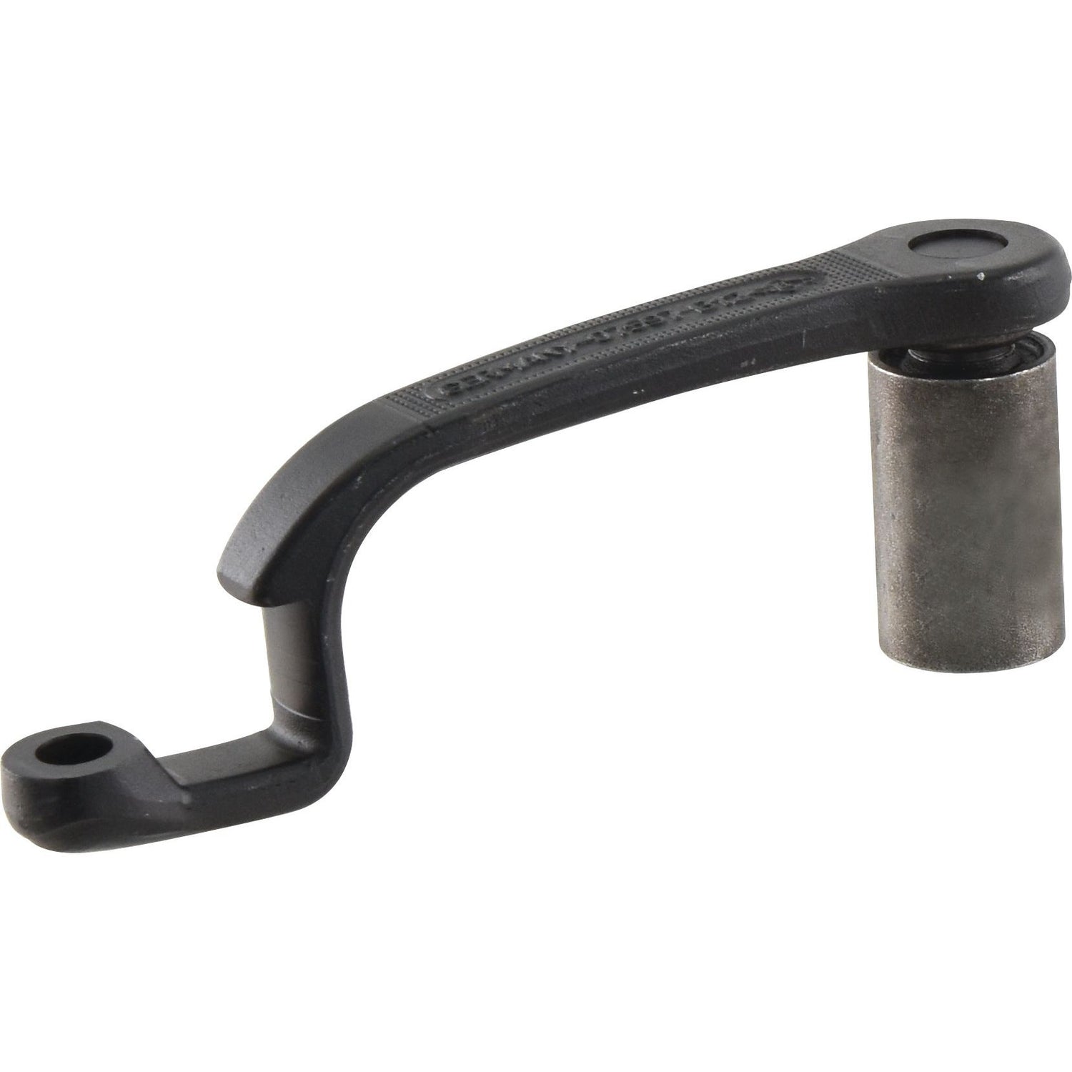 The Sparex Mower Knife Arm (Sparex Part No. S.143277) features a black metal crank handle with a cylindrical attachment at one end and a hole at the other for mounting, designed to be part of the Mower Knife Arm assembly.
