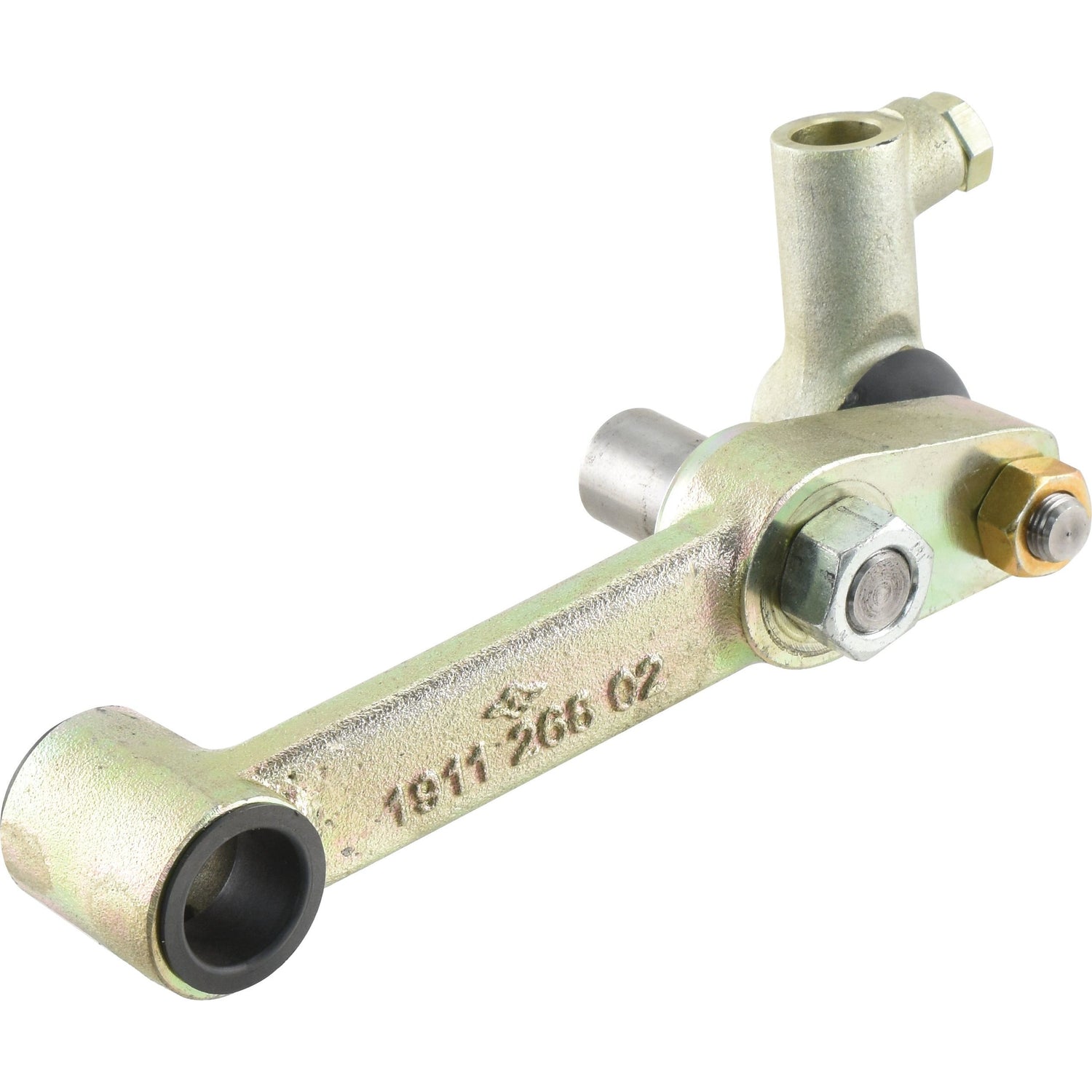 The Mower Knife Lever Front Rear Tumbler (Sparex Part No. S.143358) from Sparex is a metallic mechanical component featuring a long lever arm with cylindrical ends, a central pivot, and an attached bracket equipped with bolts and fittings.