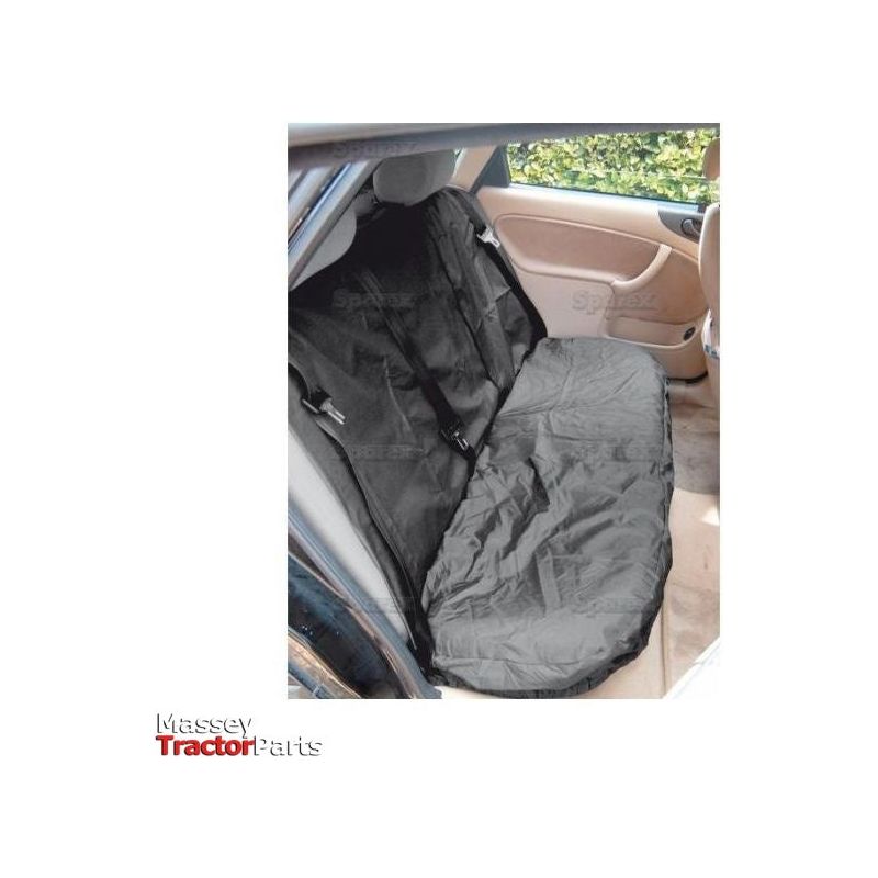 Image of the Sparex Multi-Fit Rear Standard Seat Cover, designed for cars and vans with universal fit (S.71705), in black, installed on the backseat of a vehicle. The cover is easy to install and washable. The image also displays a shopping website’s watermark and the Massey Tractor Parts company logo.